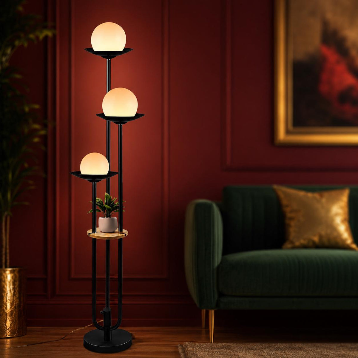 Mid-Century Modern Orange Globe Floor Lamp with Shelf, Dimmable Standing Light (Bulbs Included)