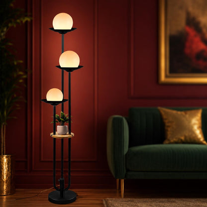 Mid-Century Modern Orange Globe Floor Lamp with Shelf, Dimmable Standing Light (Bulbs Included)