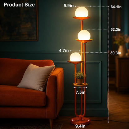 Mid-Century Modern Orange Globe Floor Lamp with Shelf, Dimmable Standing Light (Bulbs Included)