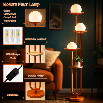 Mid-Century Modern Orange Globe Floor Lamp with Shelf, Dimmable Standing Light (Bulbs Included)