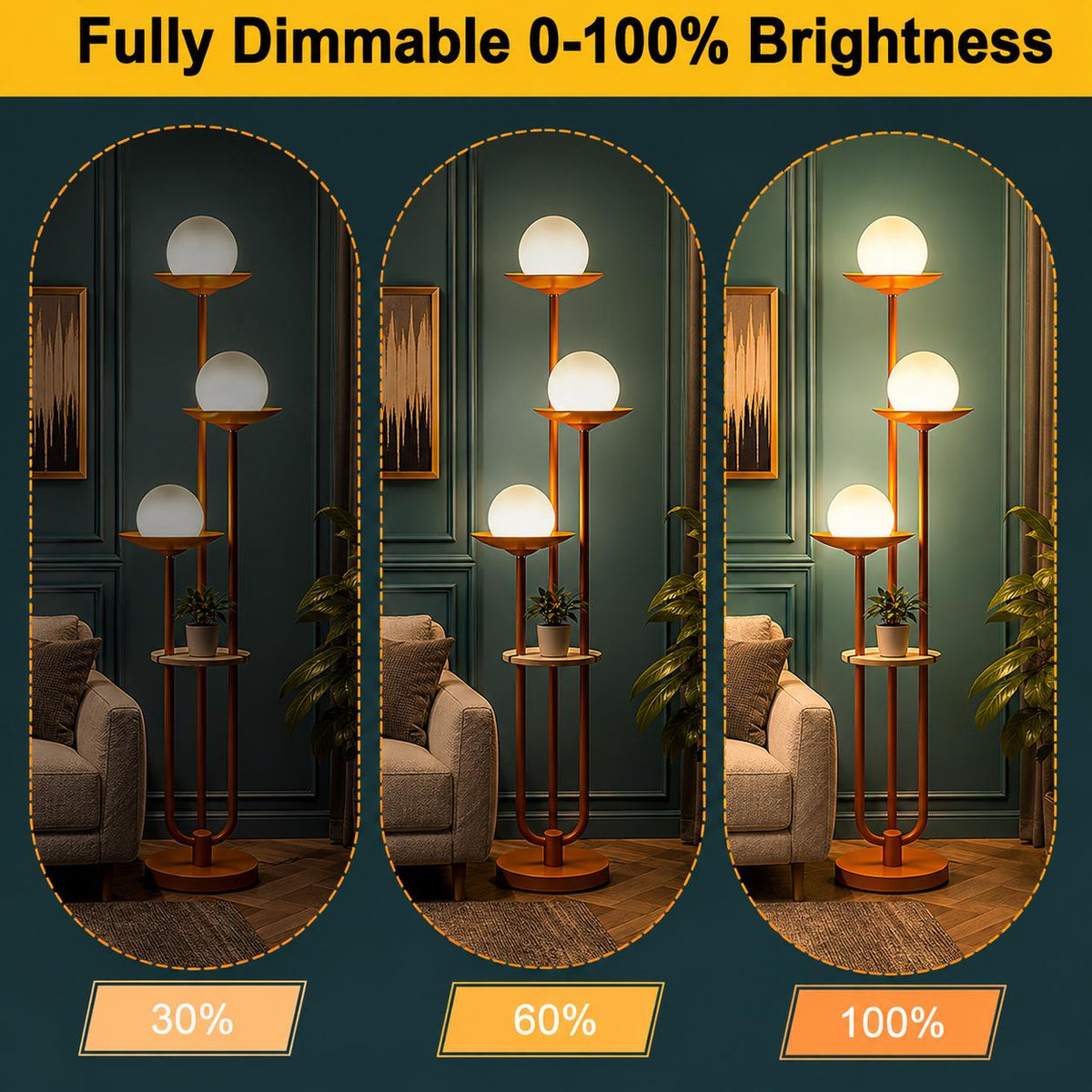 Mid-Century Modern Orange Globe Floor Lamp with Shelf, Dimmable Standing Light (Bulbs Included)