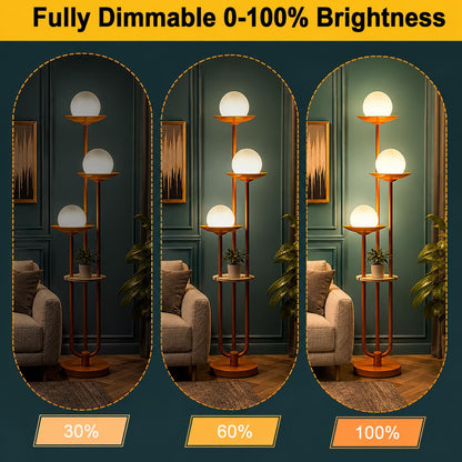 Mid-Century Modern Orange Globe Floor Lamp with Shelf, Dimmable Standing Light (Bulbs Included)