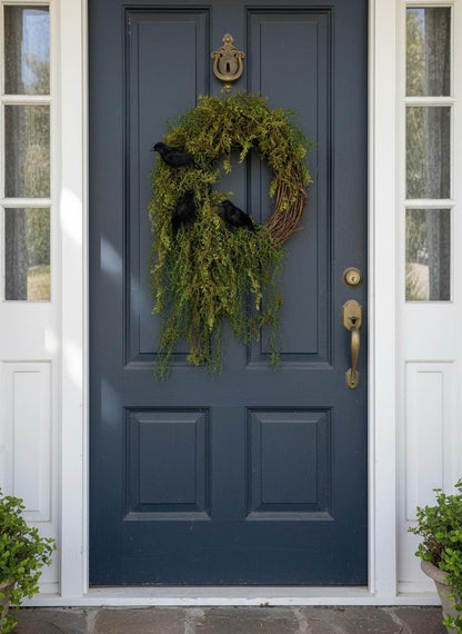 Halloween Enchanted Raven Wreath,Moody Spanish Moss Front Door Decor,Boho Fall Wreath,Eerie Halloween Mossy Wreath,Cottage Core Crow Wreath