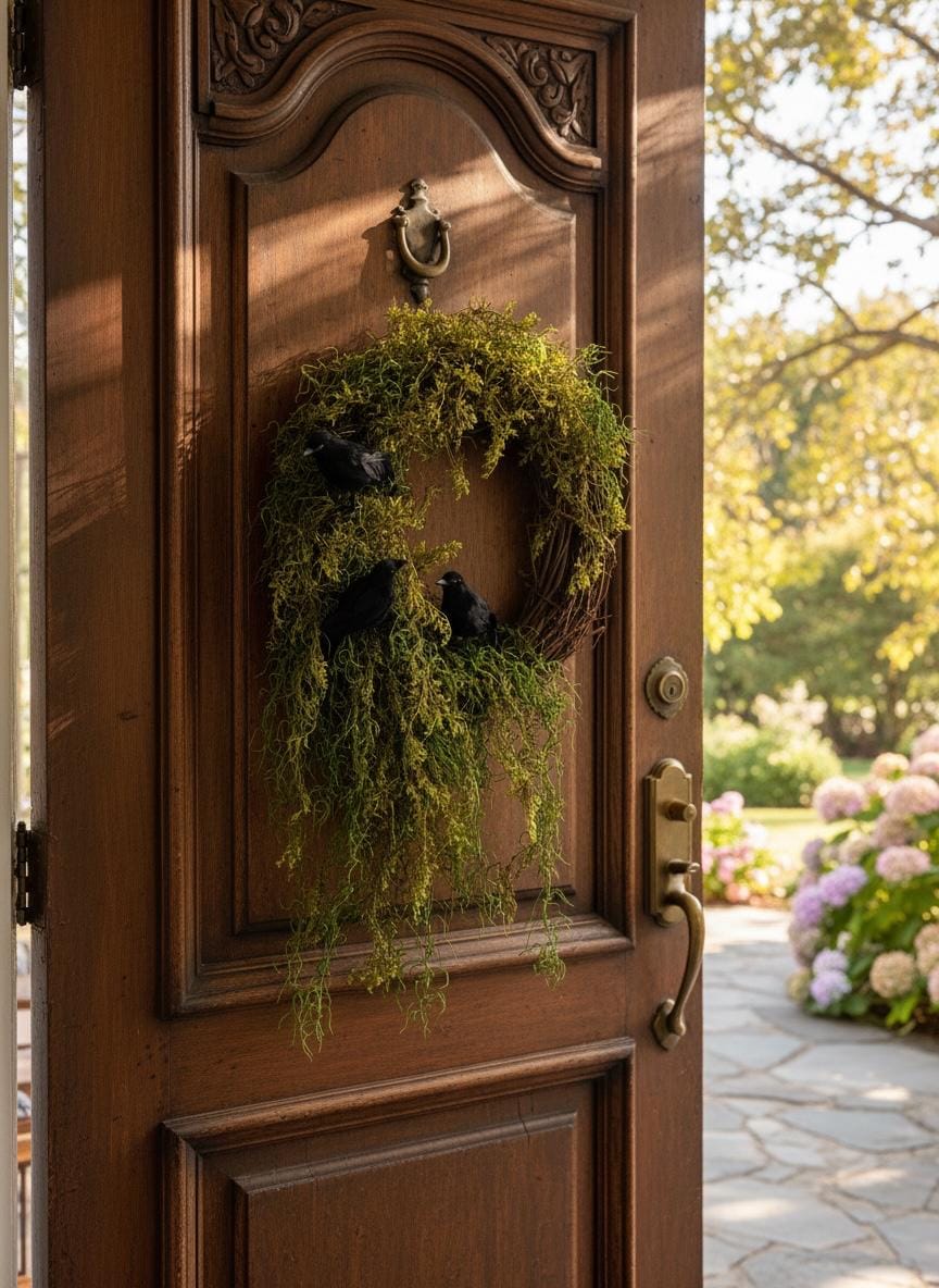 Halloween Enchanted Raven Wreath,Moody Spanish Moss Front Door Decor,Boho Fall Wreath,Eerie Halloween Mossy Wreath,Cottage Core Crow Wreath