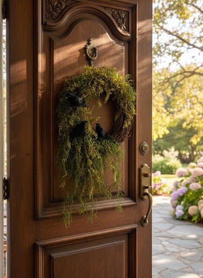 Halloween Enchanted Raven Wreath,Moody Spanish Moss Front Door Decor,Boho Fall Wreath,Eerie Halloween Mossy Wreath,Cottage Core Crow Wreath
