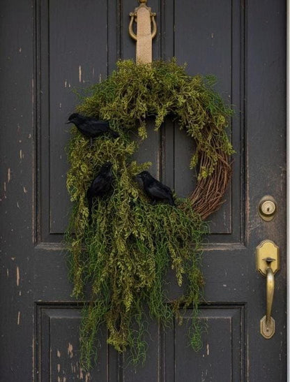 Halloween Enchanted Raven Wreath,Moody Spanish Moss Front Door Decor,Boho Fall Wreath,Eerie Halloween Mossy Wreath,Cottage Core Crow Wreath