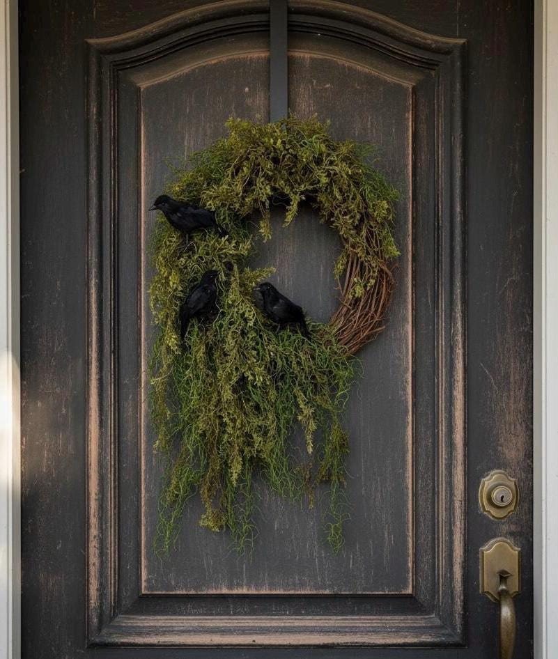 Halloween Enchanted Raven Wreath,Moody Spanish Moss Front Door Decor,Boho Fall Wreath,Eerie Halloween Mossy Wreath,Cottage Core Crow Wreath