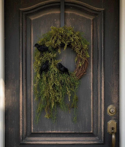 Halloween Enchanted Raven Wreath,Moody Spanish Moss Front Door Decor,Boho Fall Wreath,Eerie Halloween Mossy Wreath,Cottage Core Crow Wreath