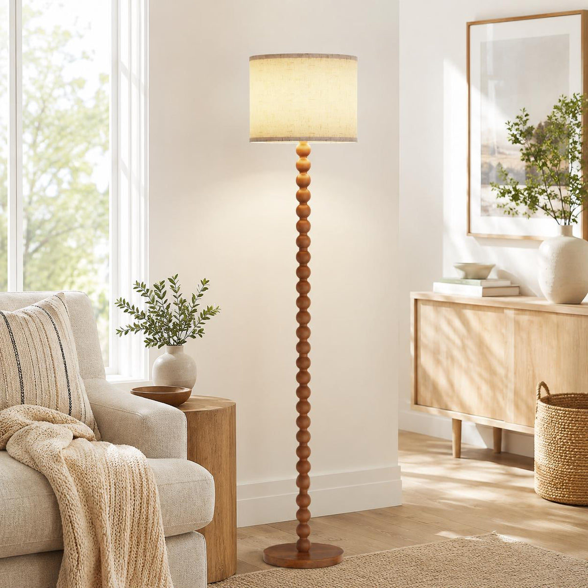 Solid Wood Beaded Floor Lamp with Linen Shade, Rustic Farmhouse Reading Light, Boho Standing Lamp for Living Room Bedroom Decor