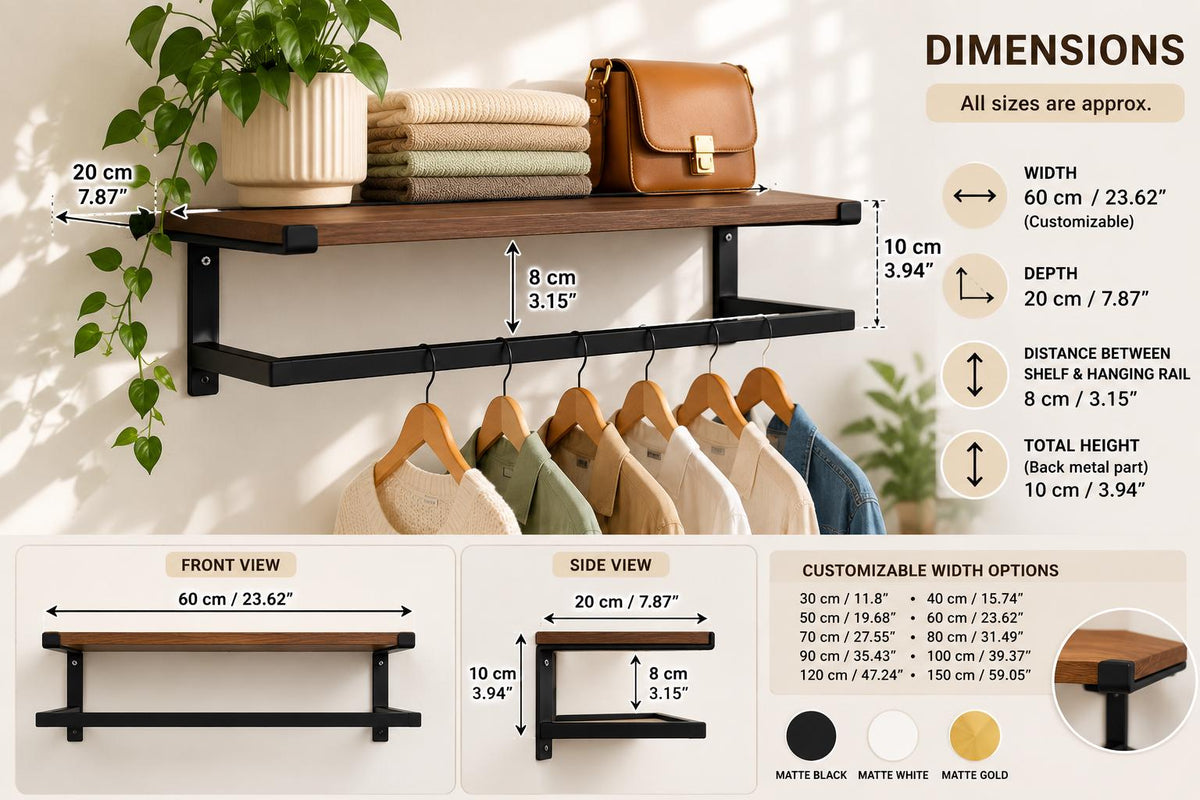 Wall Mounted Clothing Rack with Shelf, Clothes Hanging Rail, Modern Floating Closet Organizer, Entryway Shelf, Metal Garment Rack