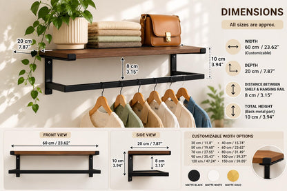 Wall Mounted Clothing Rack with Shelf, Clothes Hanging Rail, Modern Floating Closet Organizer, Entryway Shelf, Metal Garment Rack
