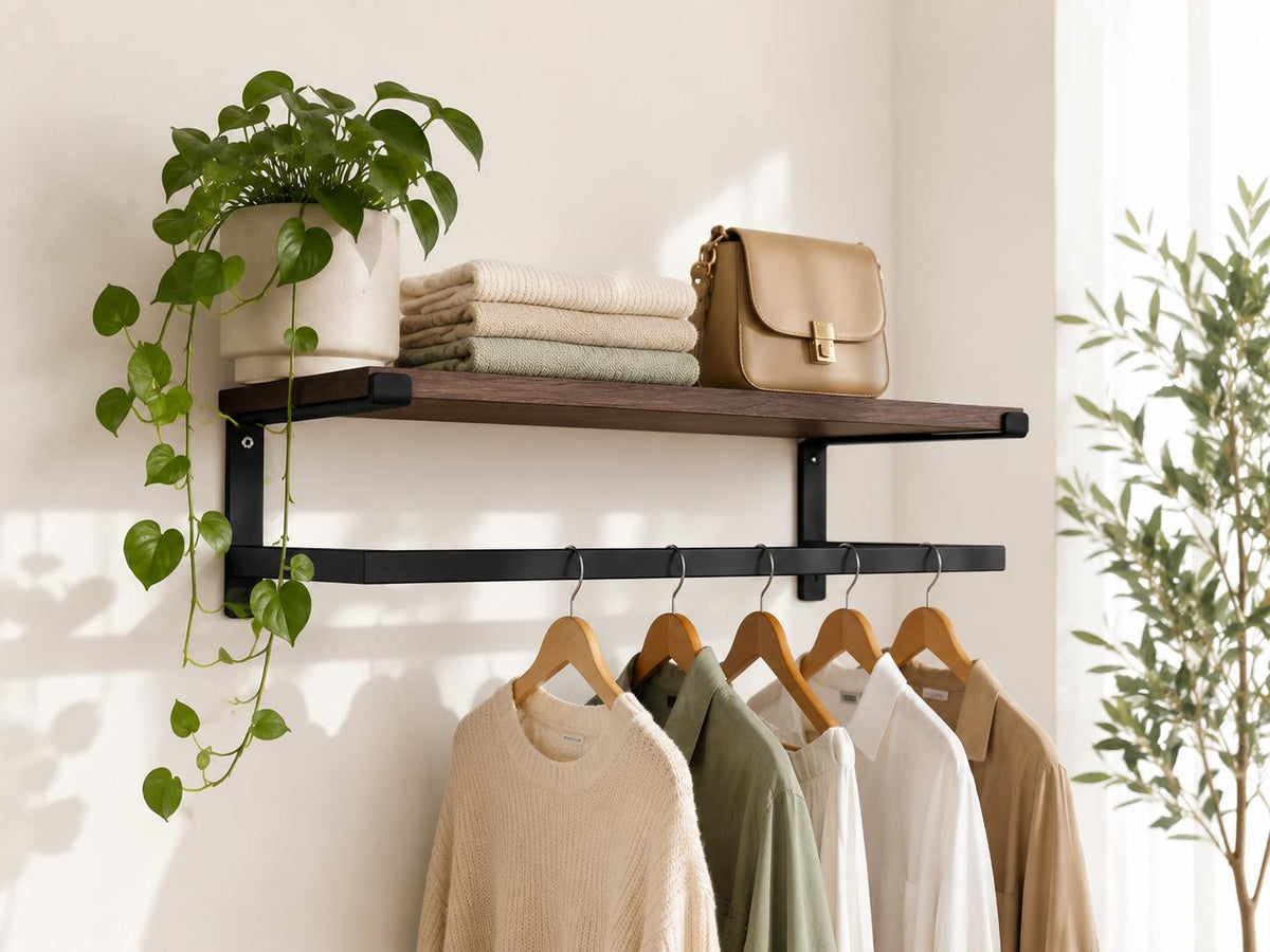 Wall Mounted Clothing Rack with Shelf, Clothes Hanging Rail, Modern Floating Closet Organizer, Entryway Shelf, Metal Garment Rack
