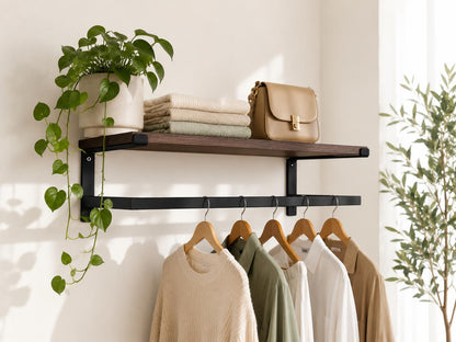 Wall Mounted Clothing Rack with Shelf, Clothes Hanging Rail, Modern Floating Closet Organizer, Entryway Shelf, Metal Garment Rack