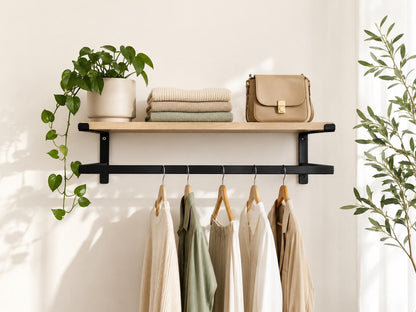 Wall Mounted Clothing Rack with Shelf, Clothes Hanging Rail, Modern Floating Closet Organizer, Entryway Shelf, Metal Garment Rack