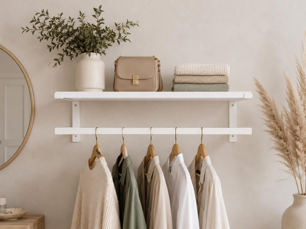 Wall Mounted Clothing Rack with Shelf, Clothes Hanging Rail, Modern Floating Closet Organizer, Entryway Shelf, Metal Garment Rack