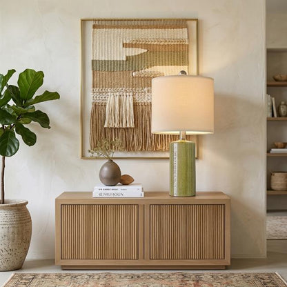 Green Ceramic Table Lamp with Fabric Shade, Modern Farmhouse Bedside Light
