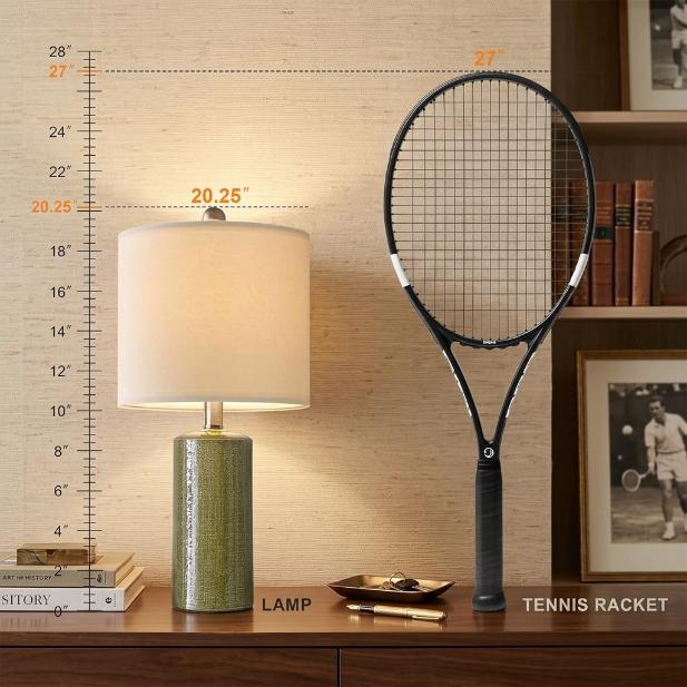 Green Ceramic Table Lamp with Fabric Shade, Modern Farmhouse Bedside Light