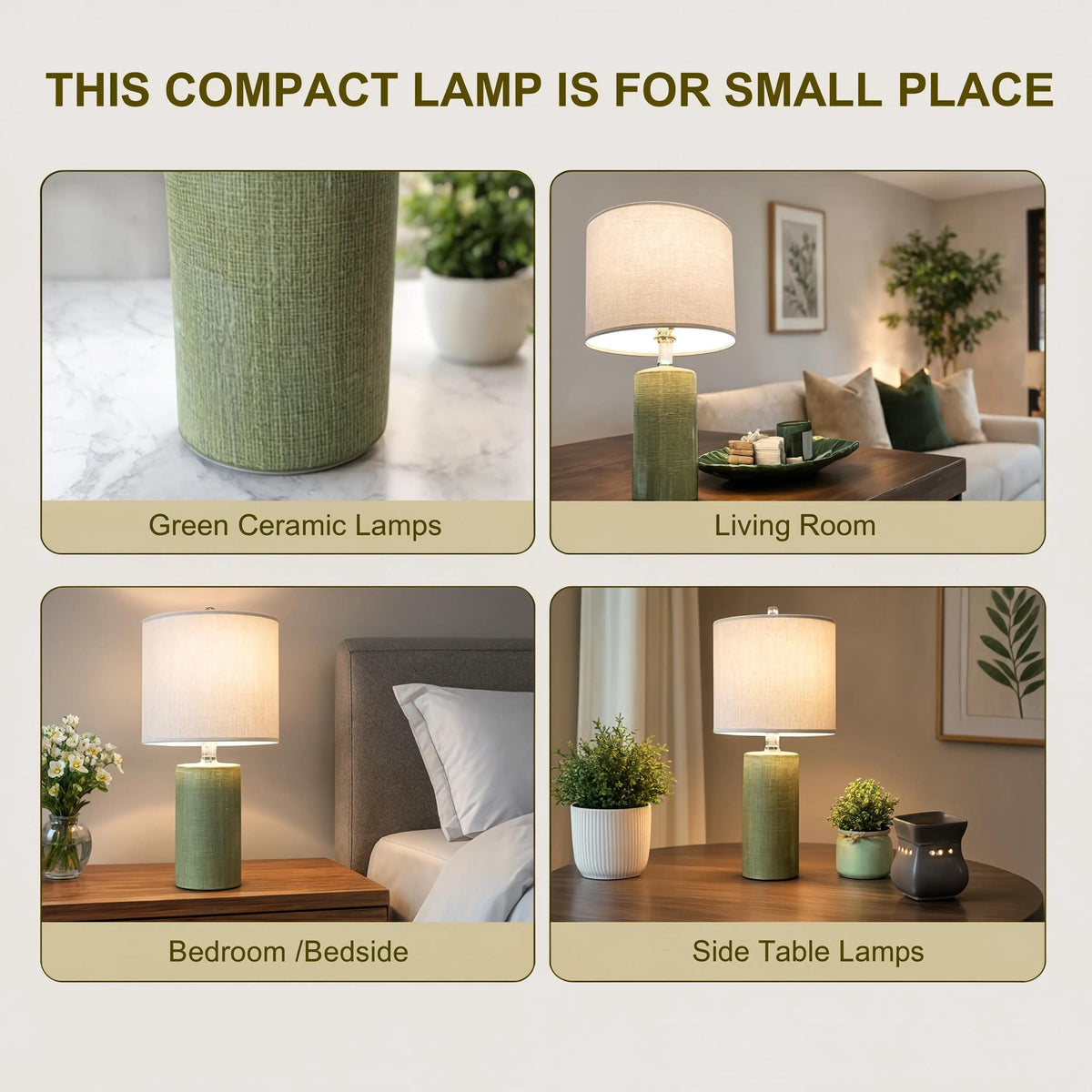 Green Ceramic Table Lamp with Fabric Shade, Modern Farmhouse Bedside Light