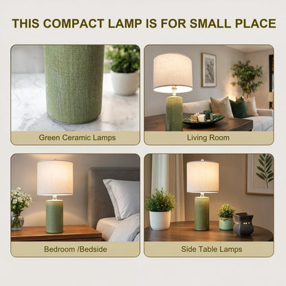 Green Ceramic Table Lamp with Fabric Shade, Modern Farmhouse Bedside Light