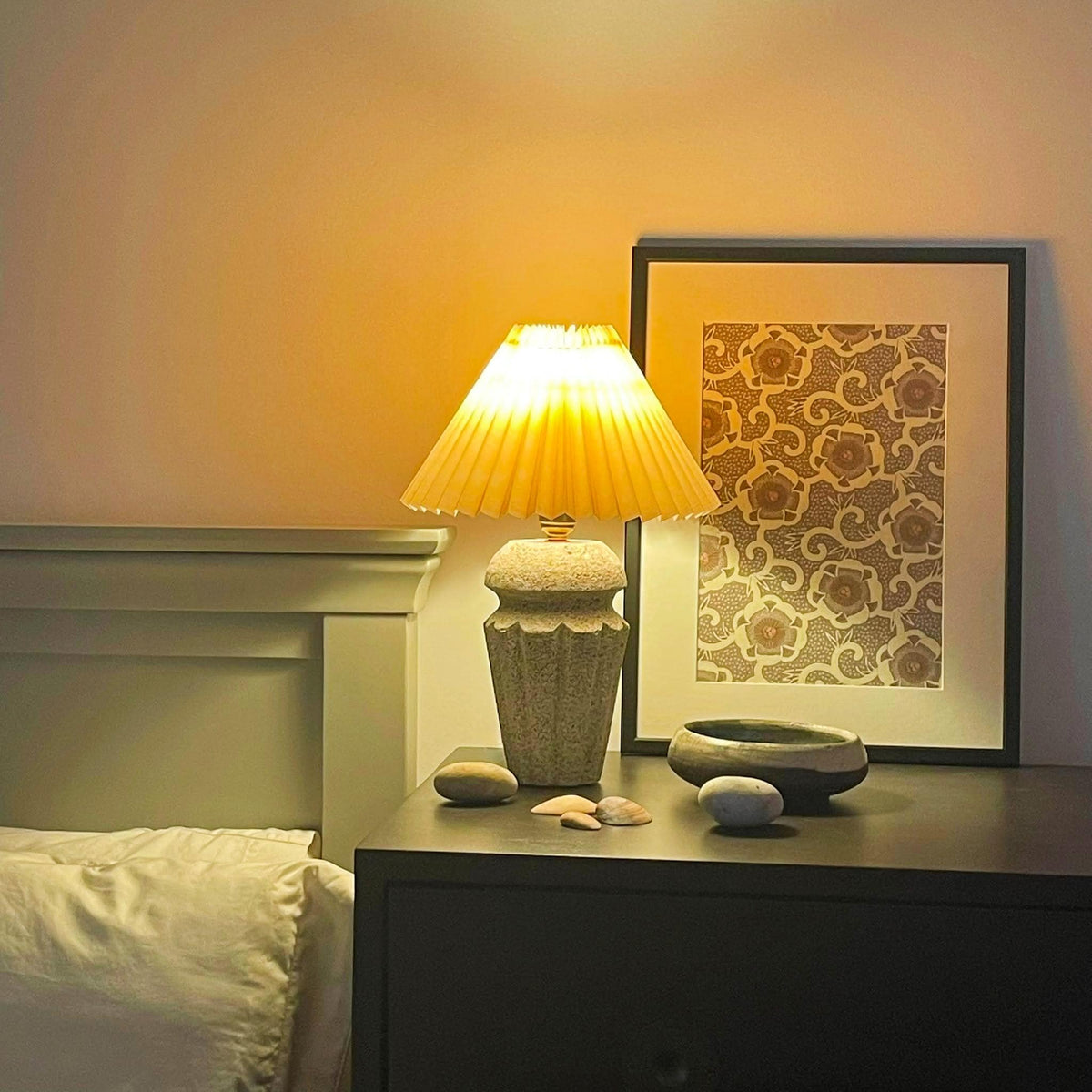 Handmade Cast Stone Table Lamp – Pleated Shade – Japandi Home Decor – UK Bedside Light | Edith