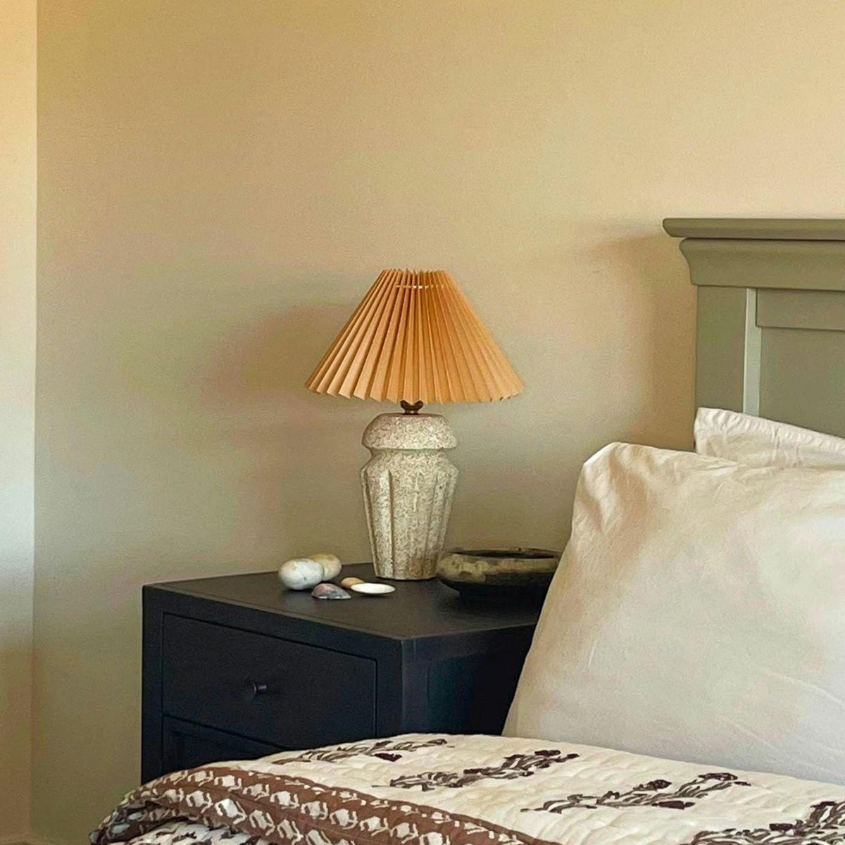 Handmade Cast Stone Table Lamp – Pleated Shade – Japandi Home Decor – UK Bedside Light | Edith