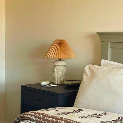 Handmade Cast Stone Table Lamp – Pleated Shade – Japandi Home Decor – UK Bedside Light | Edith