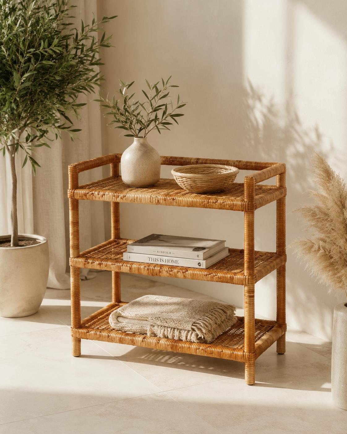 Bookshelf - Wicker Bookcase - Handmade Storage Shelf - Display Shelf - Boho Bookshelf - Rattan Bookshelf - Natural Wood Shelf
