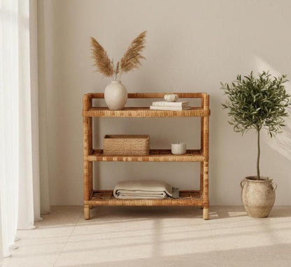 Bookshelf - Wicker Bookcase - Handmade Storage Shelf - Display Shelf - Boho Bookshelf - Rattan Bookshelf - Natural Wood Shelf