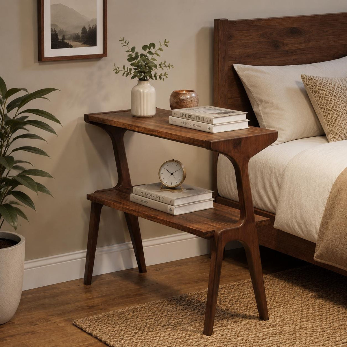 Solid Wood End Table, Rustic Brown Side Table with Storage Shelf, 2 Tier Narrow Nightstand, Wooden Sofa Side Table for Living Room Bedroom