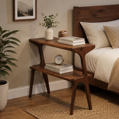 Solid Wood End Table, Rustic Brown Side Table with Storage Shelf, 2 Tier Narrow Nightstand, Wooden Sofa Side Table for Living Room Bedroom
