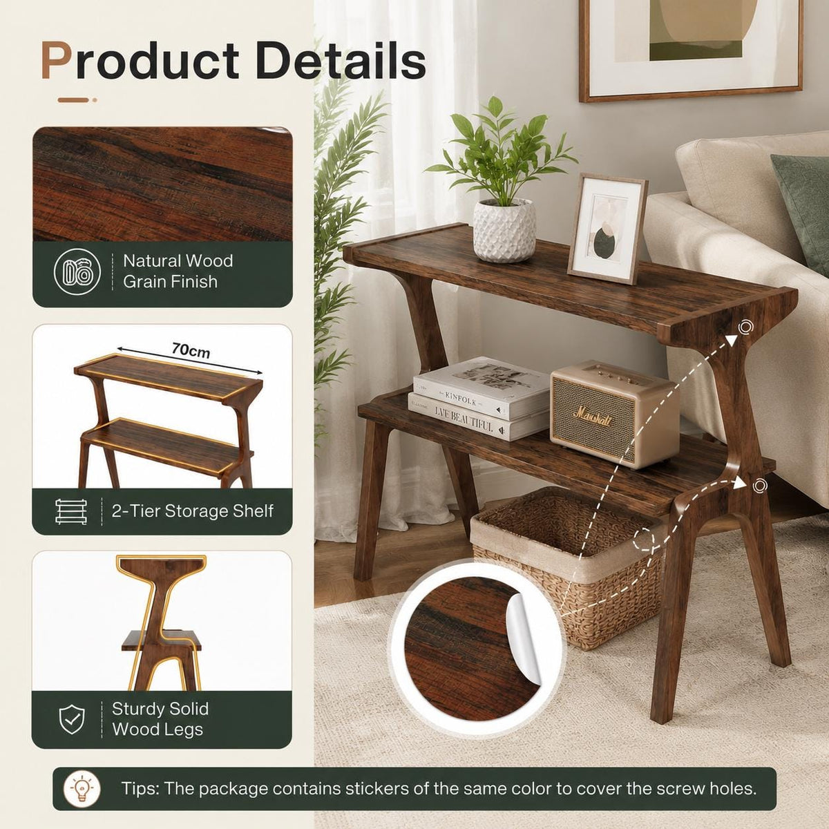 Solid Wood End Table, Rustic Brown Side Table with Storage Shelf, 2 Tier Narrow Nightstand, Wooden Sofa Side Table for Living Room Bedroom