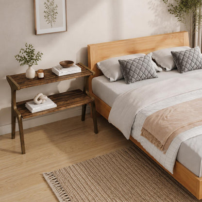 Solid Wood End Table, Rustic Brown Side Table with Storage Shelf, 2 Tier Narrow Nightstand, Wooden Sofa Side Table for Living Room Bedroom