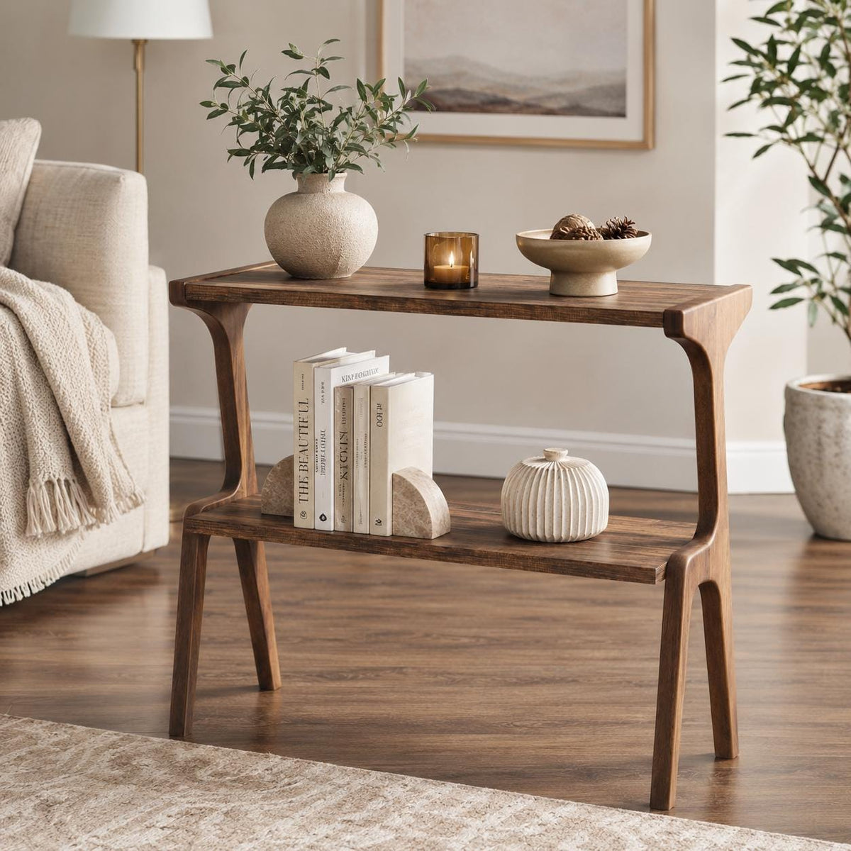 Solid Wood End Table, Rustic Brown Side Table with Storage Shelf, 2 Tier Narrow Nightstand, Wooden Sofa Side Table for Living Room Bedroom