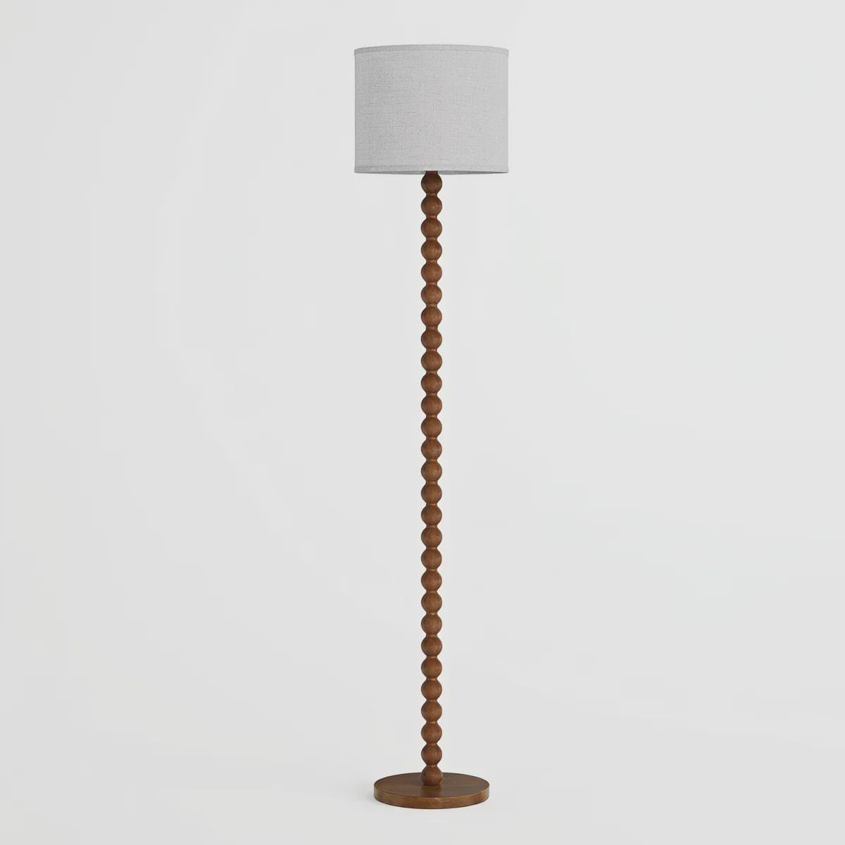 Solid Wood Beaded Floor Lamp with Linen Shade, Rustic Farmhouse Reading Light, Boho Standing Lamp for Living Room Bedroom Decor