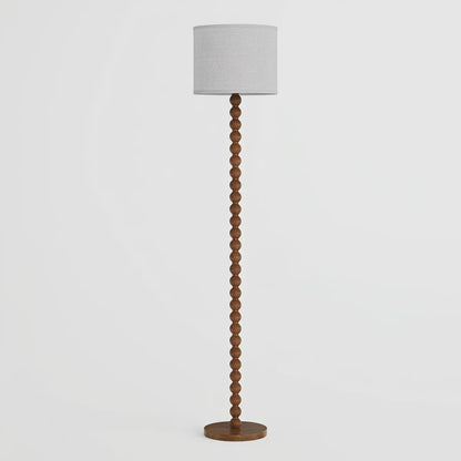 Solid Wood Beaded Floor Lamp with Linen Shade, Rustic Farmhouse Reading Light, Boho Standing Lamp for Living Room Bedroom Decor