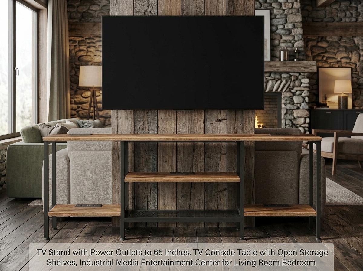 Wooden Industrial TV Stand Console Table for 65 Inch TV with Power Outlets and Storage Shelves