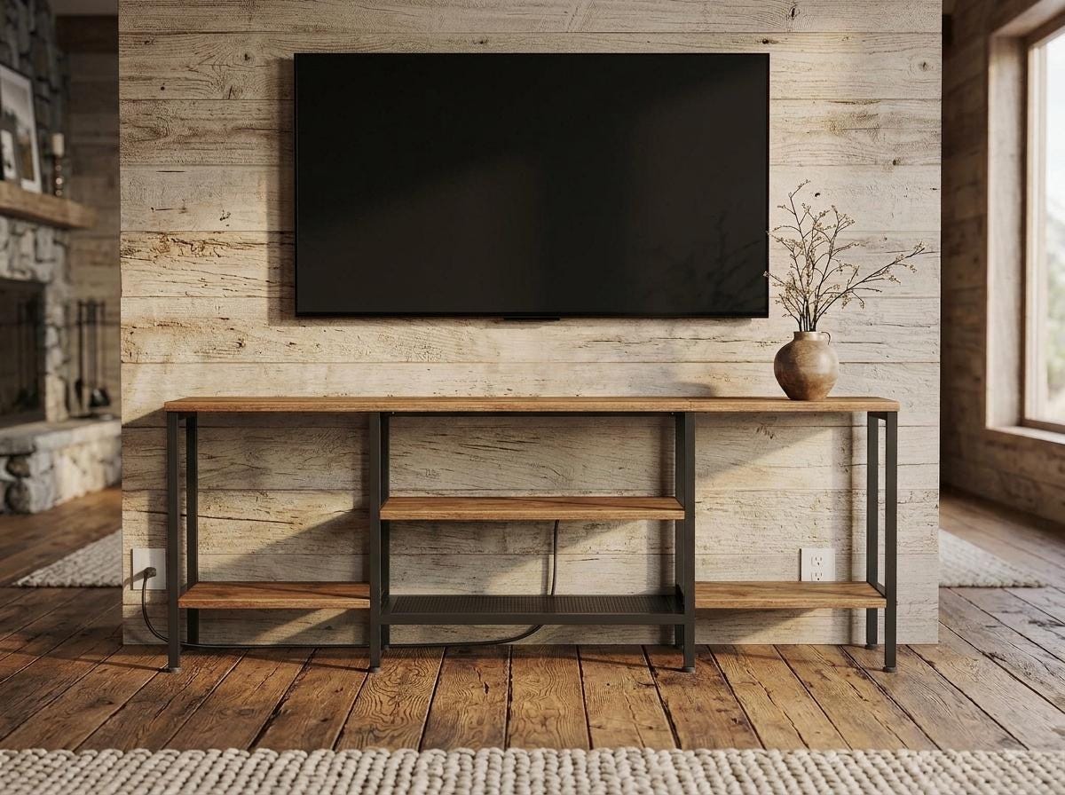 Wooden Industrial TV Stand Console Table for 65 Inch TV with Power Outlets and Storage Shelves