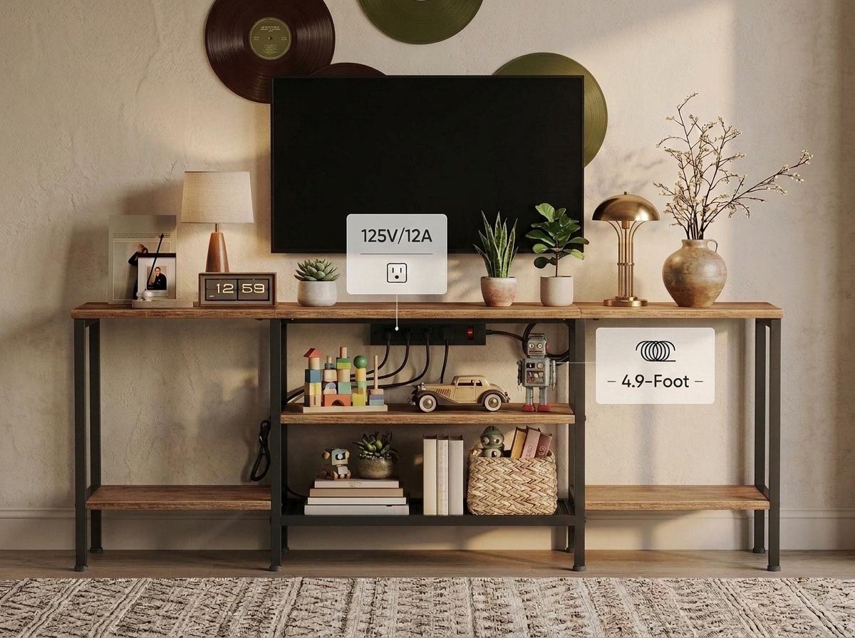 Wooden Industrial TV Stand Console Table for 65 Inch TV with Power Outlets and Storage Shelves
