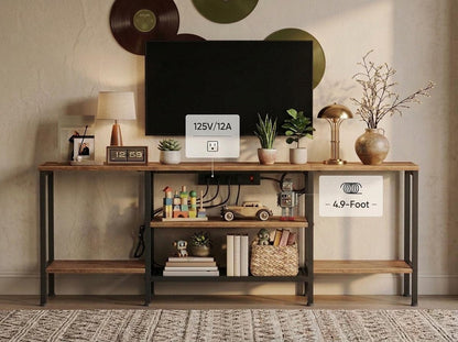 Wooden Industrial TV Stand Console Table for 65 Inch TV with Power Outlets and Storage Shelves