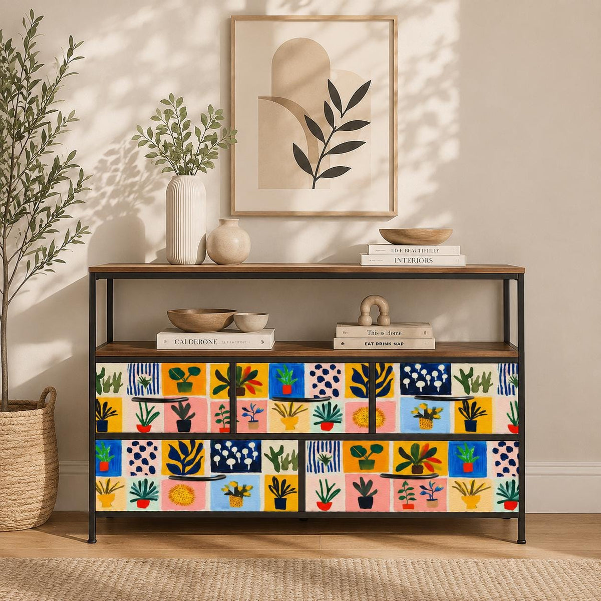Matisse 5 chest of drawers TV stand dresser, industrial console, tv media console cabinet, living room cabinet, gouache pink storage cabinet