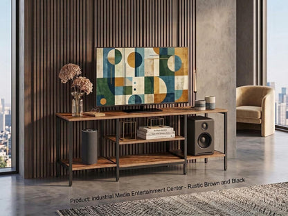 Wooden Industrial TV Stand Console Table for 65 Inch TV with Power Outlets and Storage Shelves