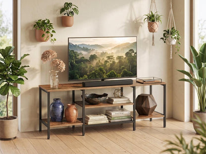 Wooden Industrial TV Stand Console Table for 65 Inch TV with Power Outlets and Storage Shelves