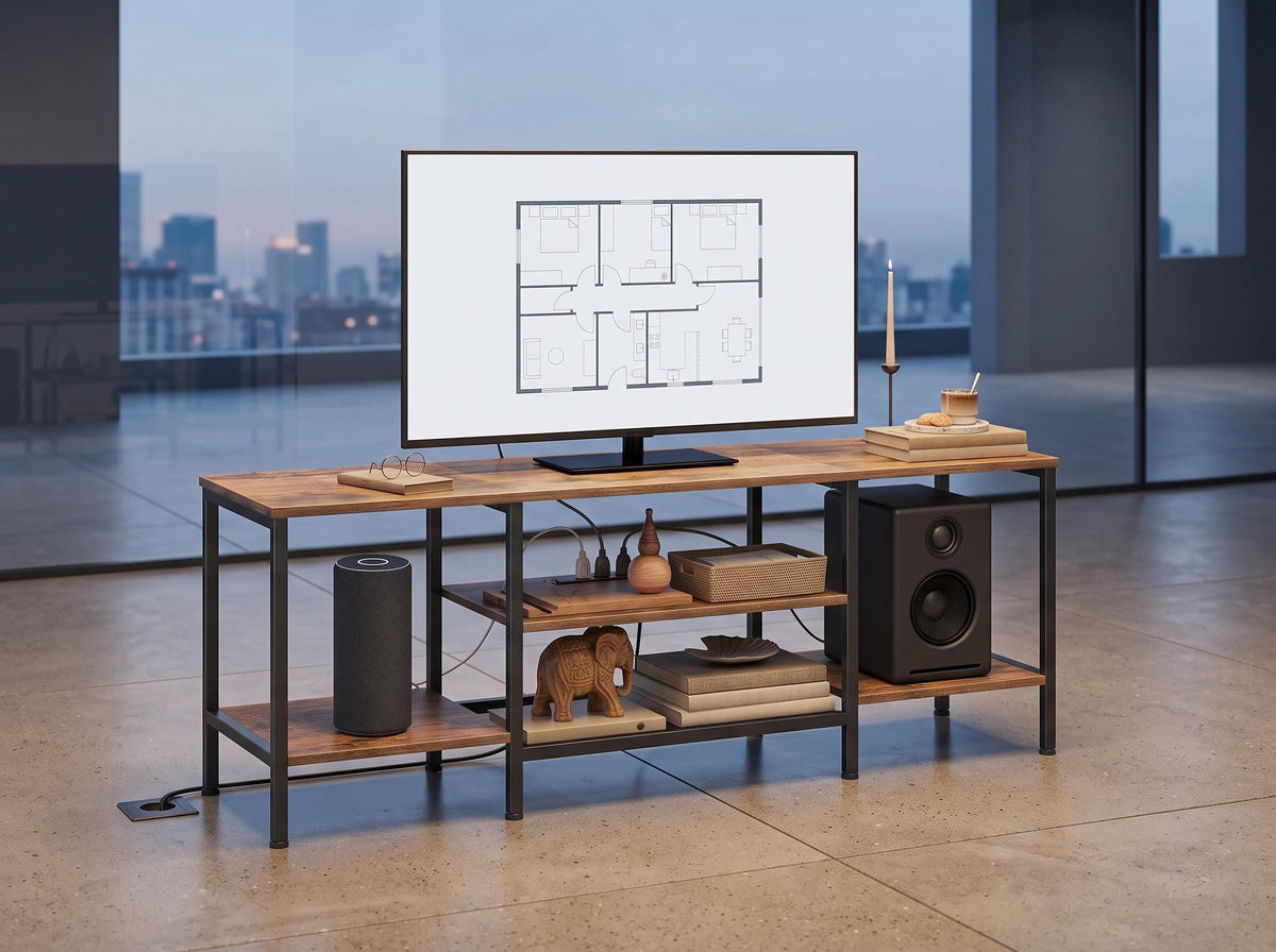 Wooden Industrial TV Stand Console Table for 65 Inch TV with Power Outlets and Storage Shelves