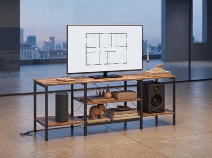 Wooden Industrial TV Stand Console Table for 65 Inch TV with Power Outlets and Storage Shelves