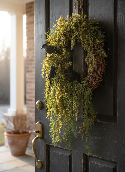 Halloween Enchanted Raven Wreath,Moody Spanish Moss Front Door Decor,Boho Fall Wreath,Eerie Halloween Mossy Wreath,Cottage Core Crow Wreath