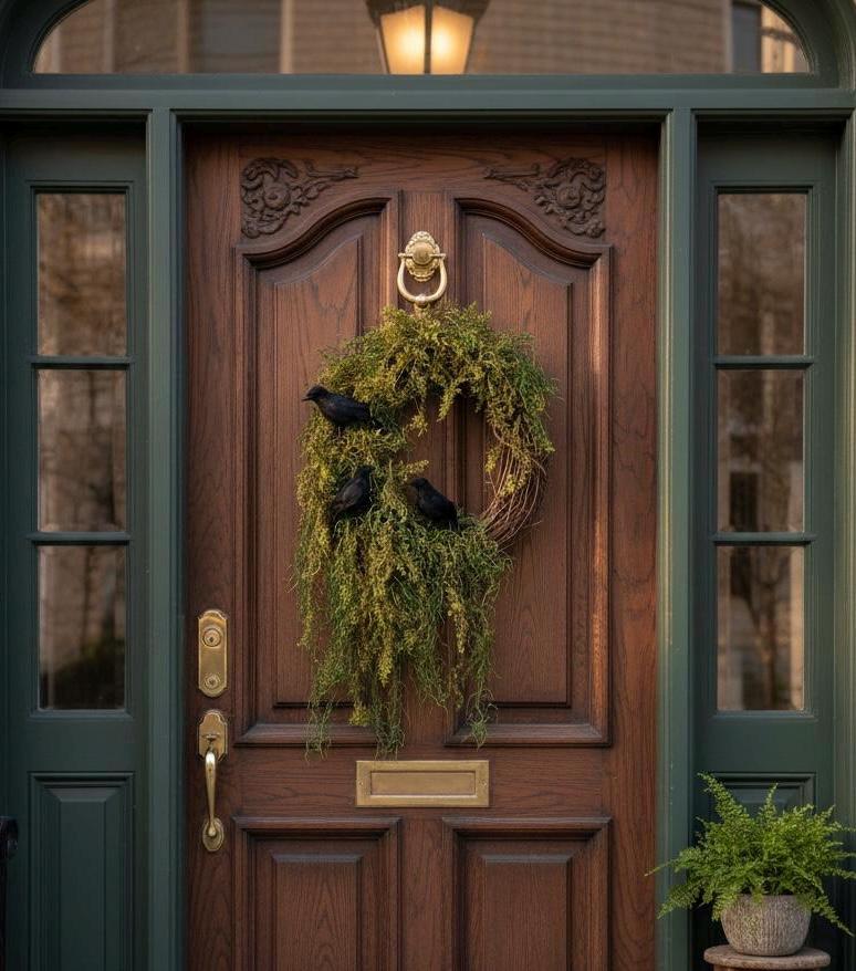 Halloween Enchanted Raven Wreath,Moody Spanish Moss Front Door Decor,Boho Fall Wreath,Eerie Halloween Mossy Wreath,Cottage Core Crow Wreath