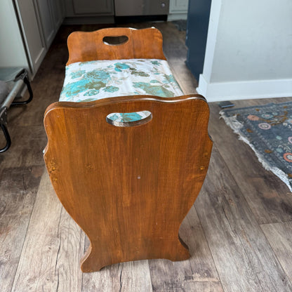 Vintage Wooden Vanity Bench with Floral Upholstered Seat, Farmhouse Entryway Bench, Piano Stool, Cottage Bedroom Accent Seat