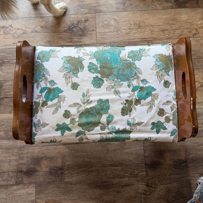 Vintage Wooden Vanity Bench with Floral Upholstered Seat, Farmhouse Entryway Bench, Piano Stool, Cottage Bedroom Accent Seat