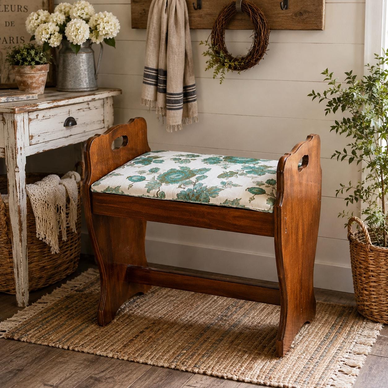 Vintage Wooden Vanity Bench with Floral Upholstered Seat, Farmhouse Entryway Bench, Piano Stool, Cottage Bedroom Accent Seat