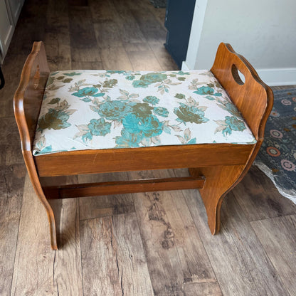 Vintage Wooden Vanity Bench with Floral Upholstered Seat, Farmhouse Entryway Bench, Piano Stool, Cottage Bedroom Accent Seat